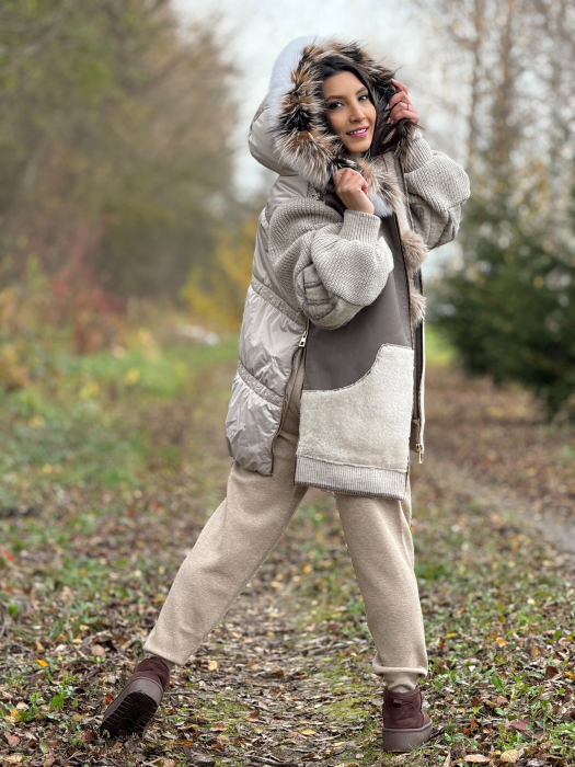 Geaca din piele ecologica si tricot cu guler din blana naturala [4]
