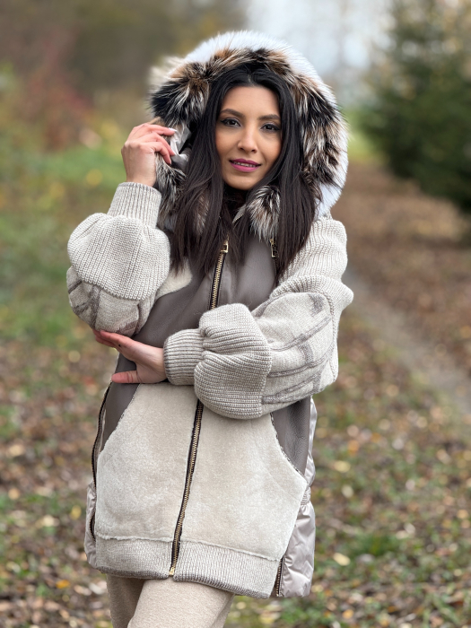 Geaca din piele ecologica si tricot cu guler din blana naturala [7]