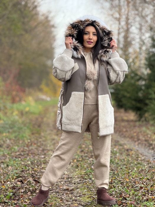 Geaca din piele ecologica si tricot cu guler din blana naturala [10]