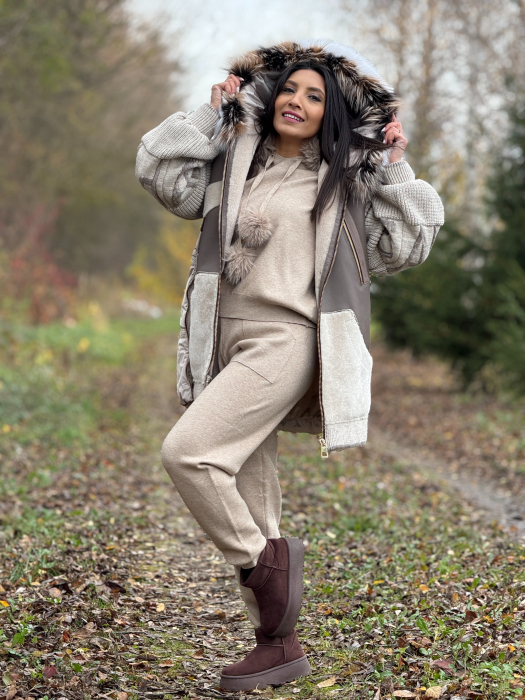 Geaca din piele ecologica si tricot cu guler din blana naturala [3]