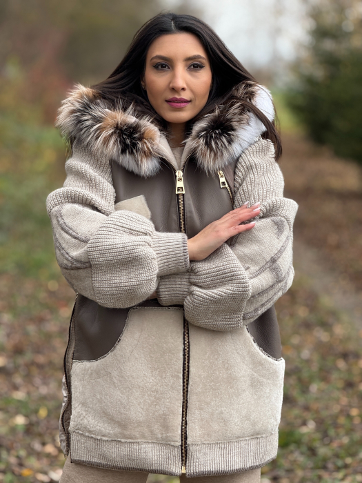 Geaca din piele ecologica si tricot cu guler din blana naturala [8]