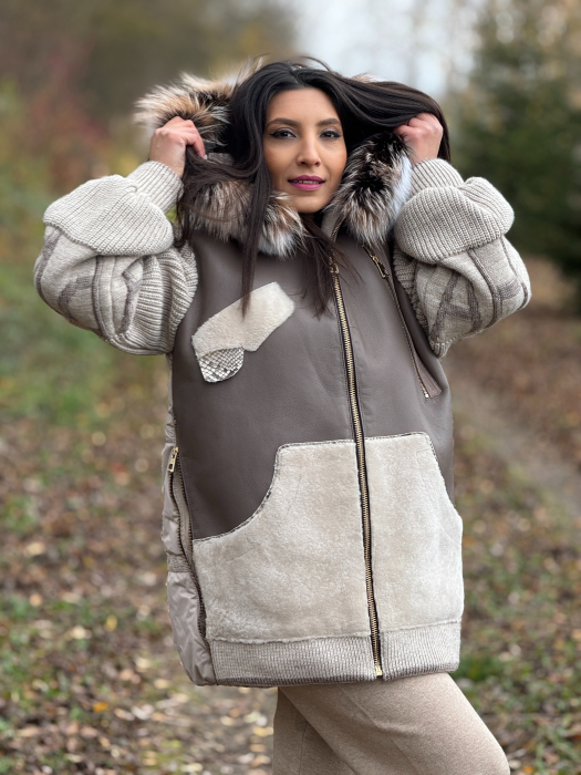 Geaca din piele ecologica si tricot cu guler din blana naturala [6]