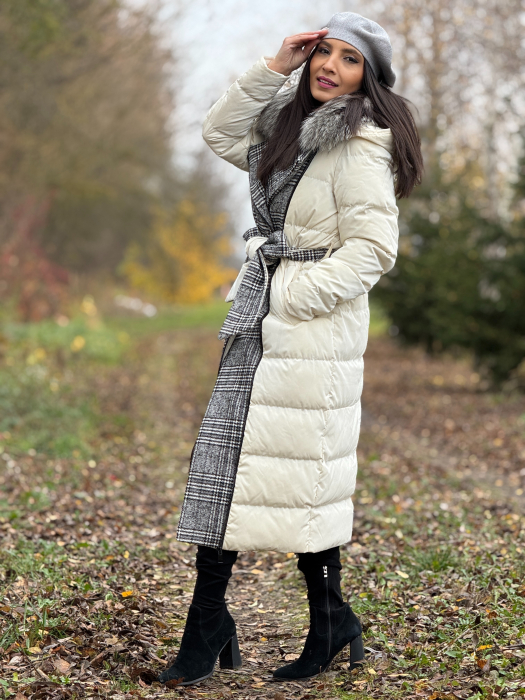 Geaca lunga cu imprimeu in carouri si guler din blana naturala [3]