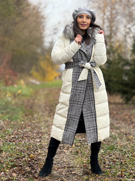 Geaca lunga cu imprimeu in carouri si guler din blana naturala [4]