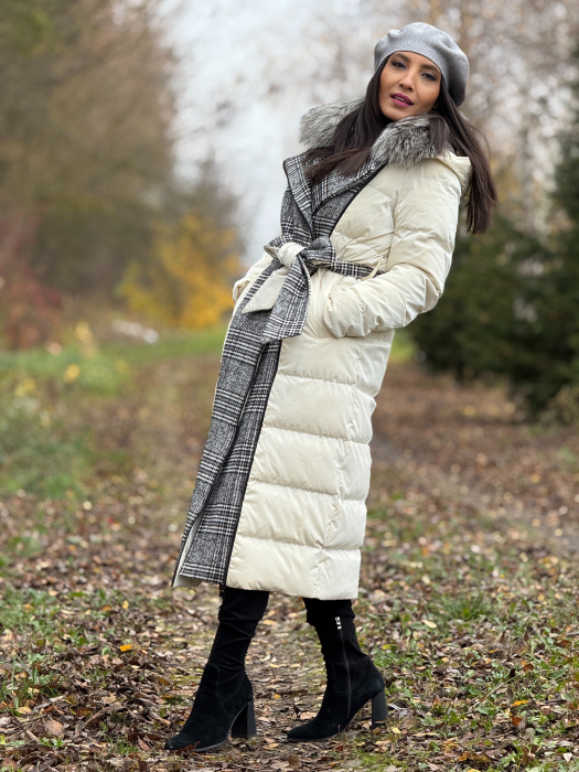 Geaca lunga cu imprimeu in carouri si guler din blana naturala [5]