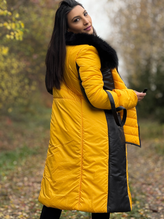 Geaca lunga matlasata cu guler din blana neagra [7]