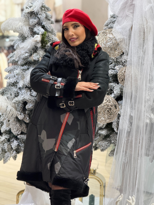 Geaca matlasata cu blana neagra si detalii rosii [4]