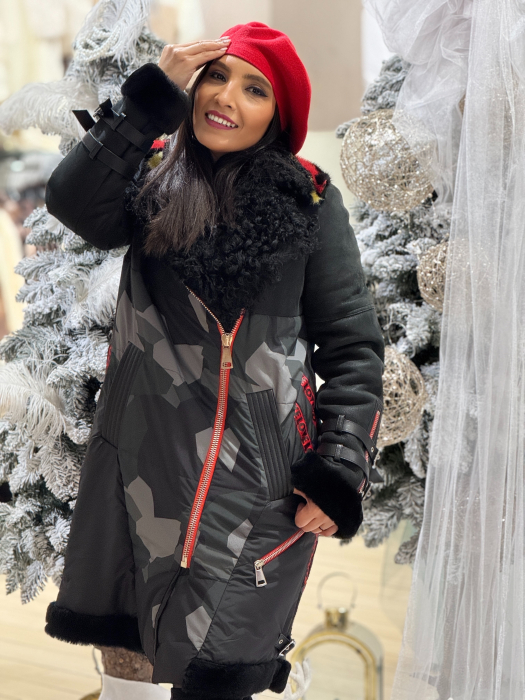 Geaca matlasata cu blana neagra si detalii rosii [5]