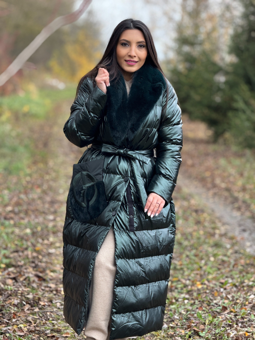 Geaca matlasata cu guler din blana naturala verde inchis [5]