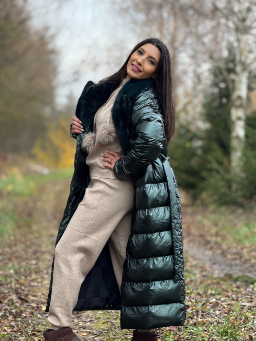 Geaca matlasata cu guler din blana naturala verde inchis [1]