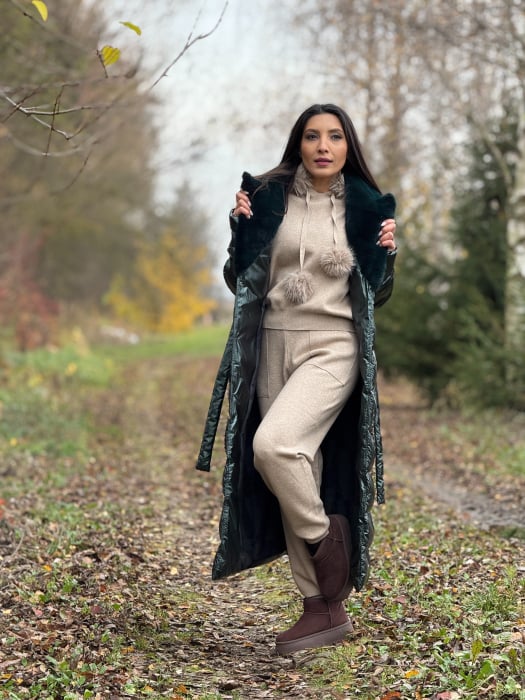 Geaca matlasata cu guler din blana naturala verde inchis [3]