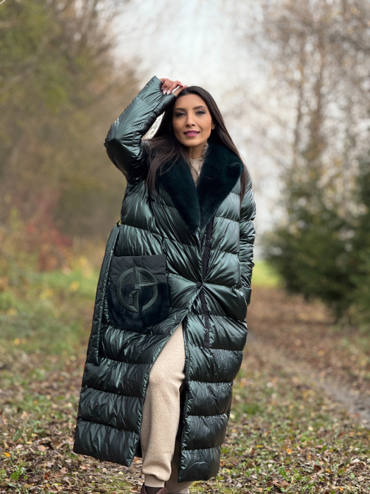 Geaca matlasata cu guler din blana naturala verde inchis [4]