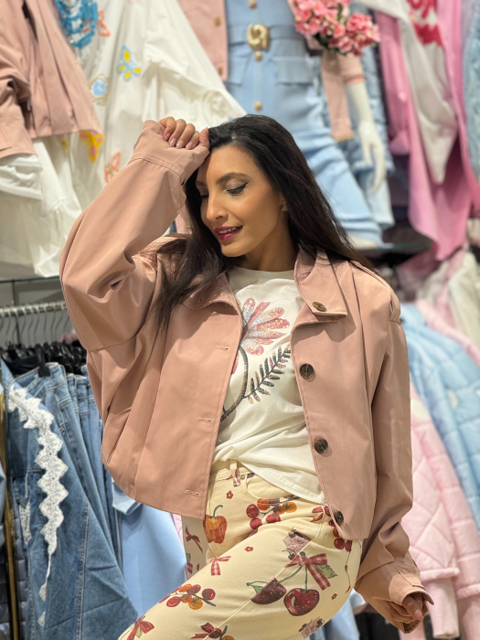 Geaca roz cu pliuri si guler tunica [2]