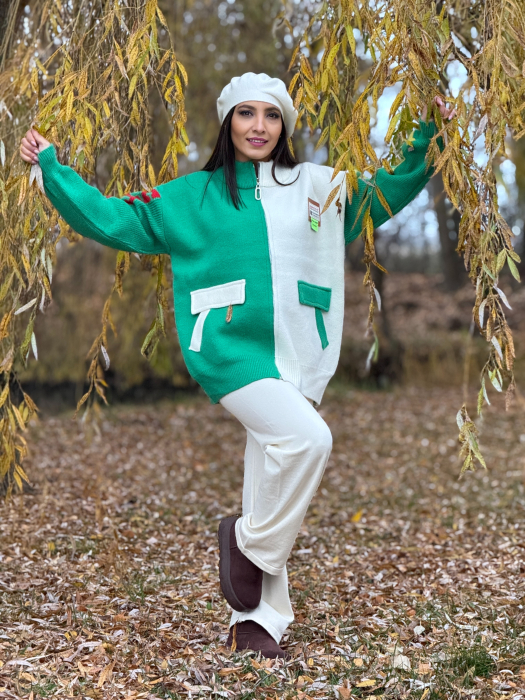 Jacheta alb-verde cu fermoar si detalii sport [1]