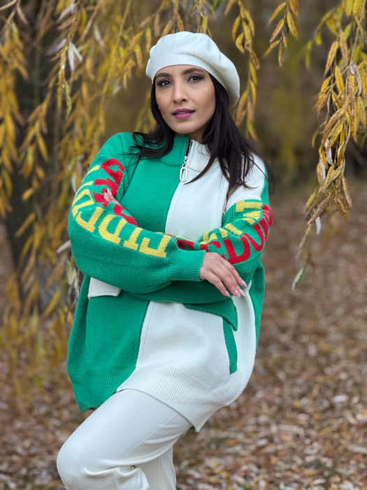 Jacheta alb-verde cu fermoar si detalii sport [5]