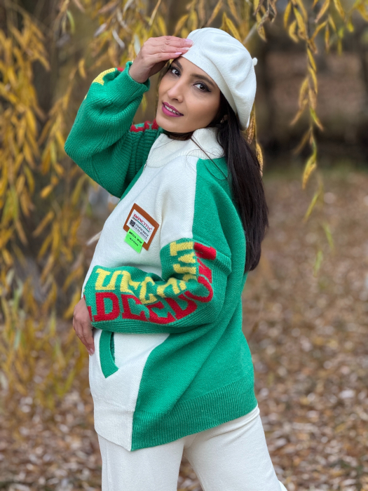 Jacheta alb-verde cu fermoar si detalii sport [7]