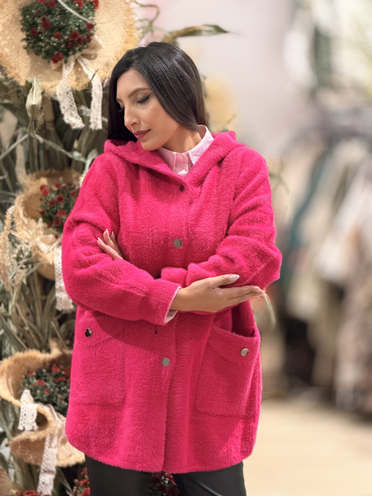 Jacheta din alpaca fucsia cu gluga si buzunare [6]