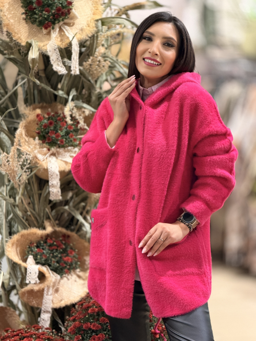 Jacheta din alpaca fucsia cu gluga si buzunare [4]