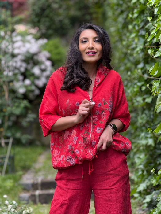 Jacheta din in cu fermoar si print floral [5]