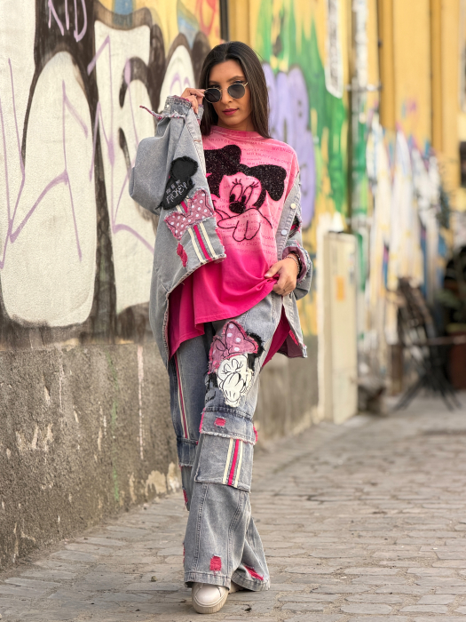 Jacheta din jeans cu broderie Mikey si dunga roz [4]