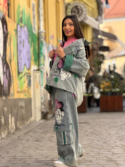 Jacheta din jeans cu broderie Mikey si dunga verde [4]