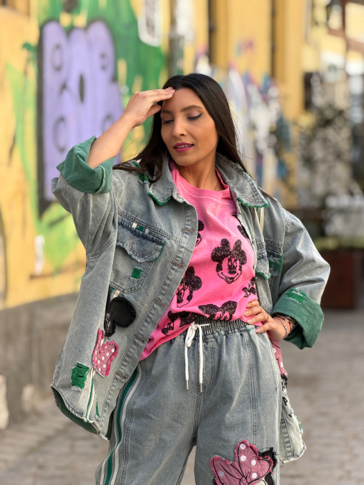 Jacheta din jeans cu broderie Mikey si dunga verde [6]