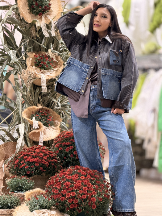 Jacheta in carouri cu insertii din denim si guler din piele ecologica [5]
