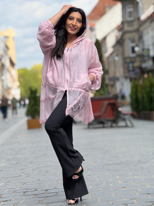 Jacheta roz cu gluga si dantela [4]