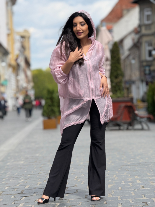 Jacheta roz cu gluga si dantela [2]