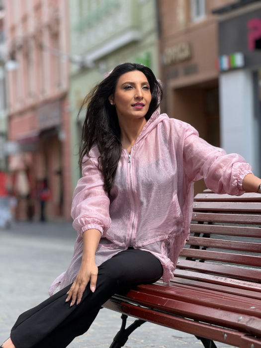 Jacheta roz cu gluga si dantela [5]