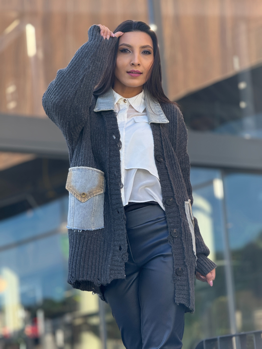 Jacheta tricotata cu buzunare si guler din denim [2]