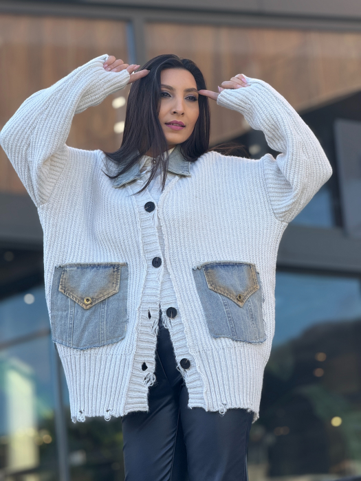Jacheta tricotata cu buzunare si guler din denim [1]