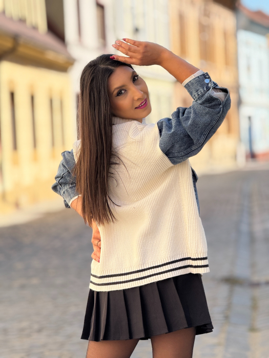 Jacheta tricotata cu buzunare si maneci din jeans [5]