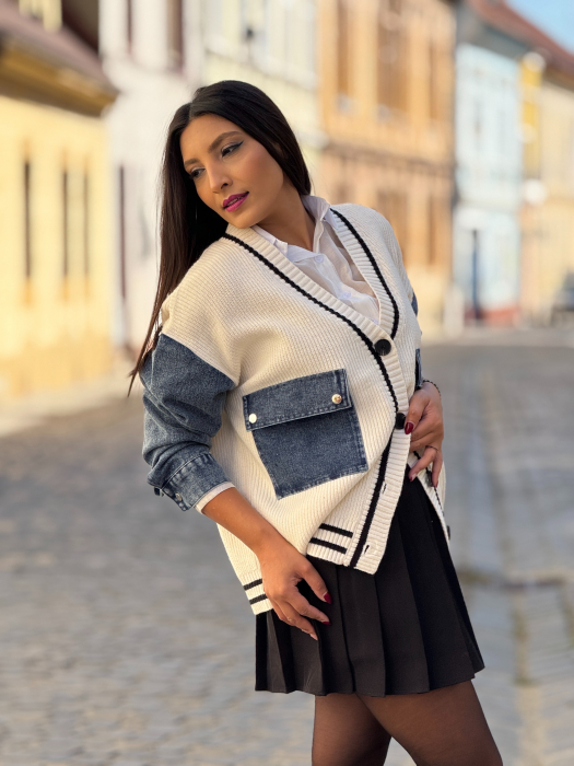 Jacheta tricotata cu buzunare si maneci din jeans [4]