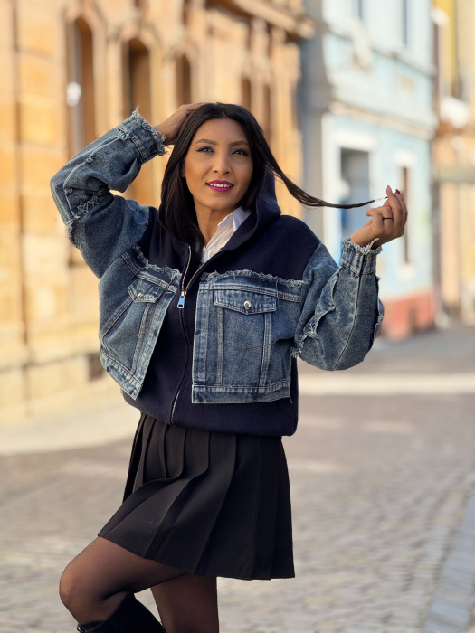 Jacheta tricotata cu detalii denim si fermoar [4]