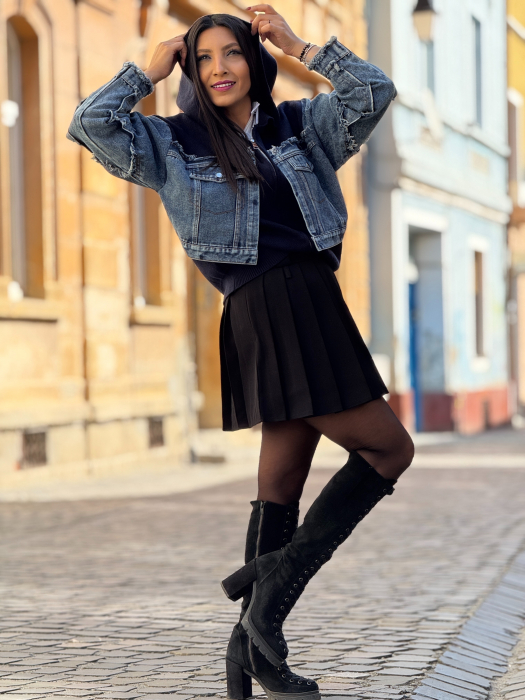 Jacheta tricotata cu detalii denim si fermoar [3]