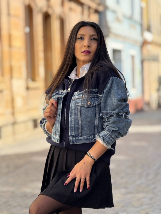 Jacheta tricotata cu detalii denim si fermoar [8]