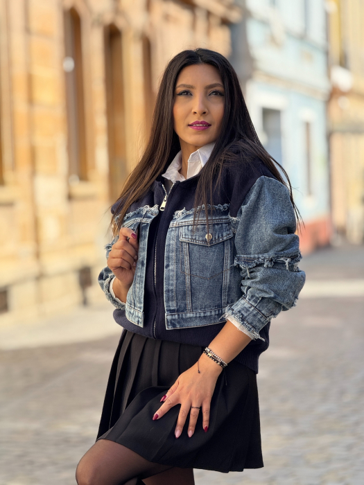 Jacheta tricotata cu detalii denim si fermoar [5]