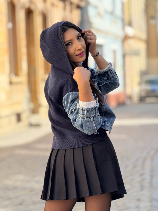 Jacheta tricotata cu detalii denim si fermoar [7]