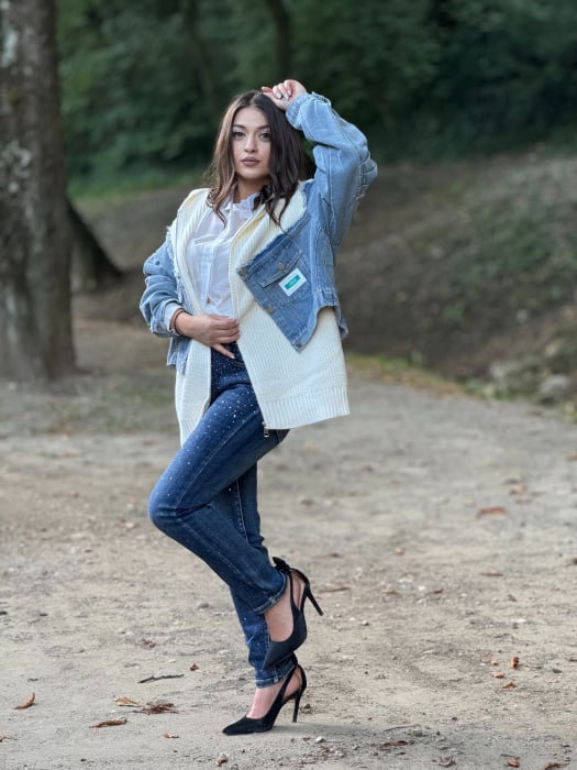 Jacheta tricotata cu fermoar si buzunare jeans [2]