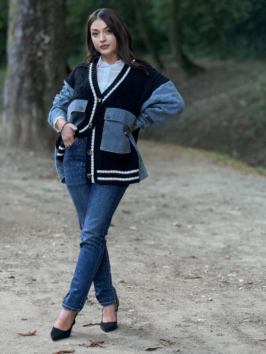 Jacheta tricotata cu model impletit si maneci din jeans [2]
