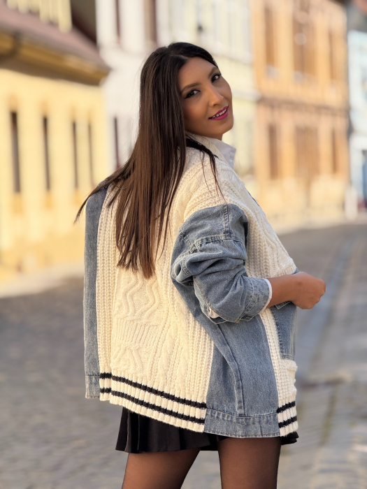 Jacheta tricotata cu model impletit si maneci din jeans [4]