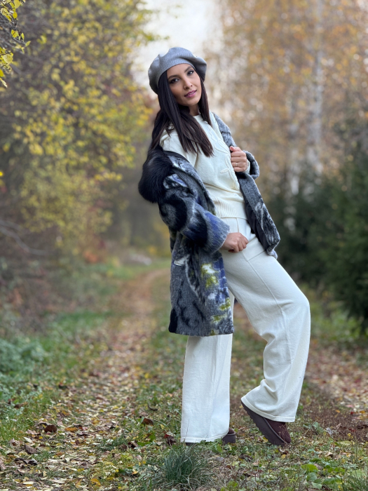 Palton cu imprimeu abstract si guler din blana [7]