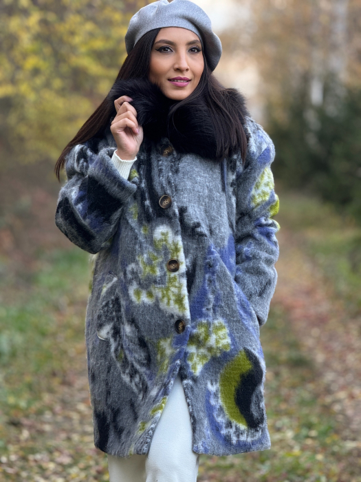 Palton cu imprimeu abstract si guler din blana [4]