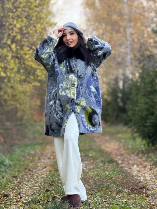 Palton cu imprimeu abstract si guler din blana [1]