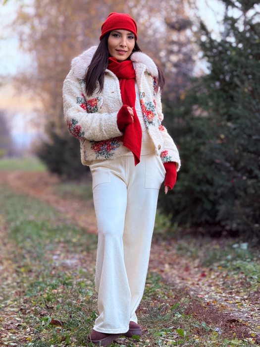 Palton cu imprimeu floral si guler pufos [4]