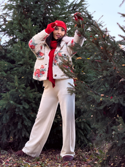 Palton cu imprimeu floral si guler pufos [5]