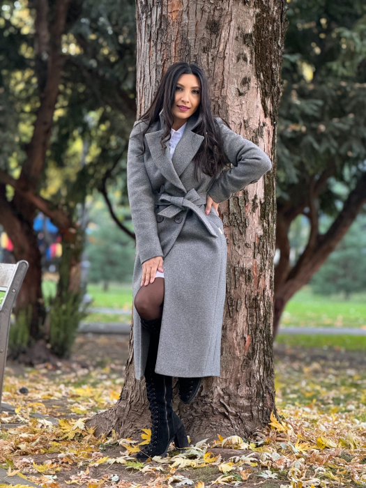 Palton cu rand dublu de nasturi si cordon in talie [5]