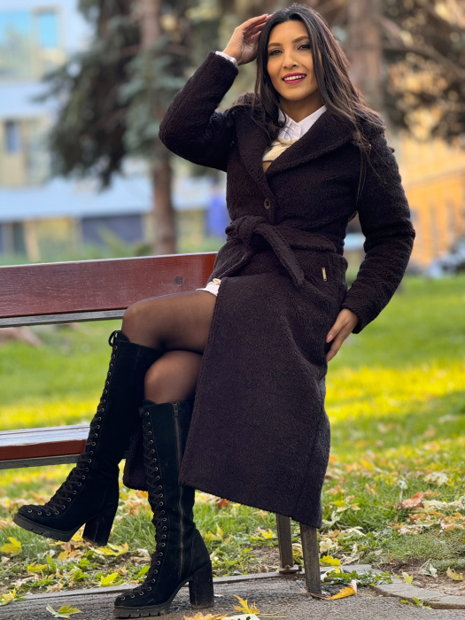 Palton din lana cu buzunare si cordon in talie [2]