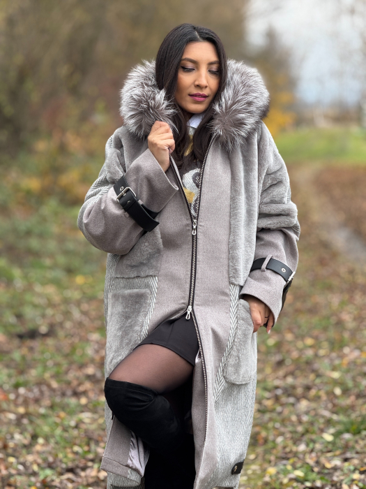 Palton gri cu guler din blana naturala [3]